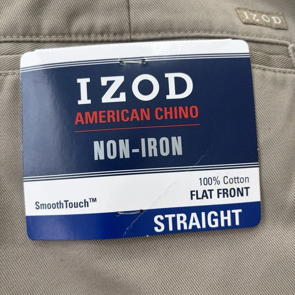 IZOD American Chino Pants Mens 38x30 (29) Khaki Straight Fit Flat Front New Golf